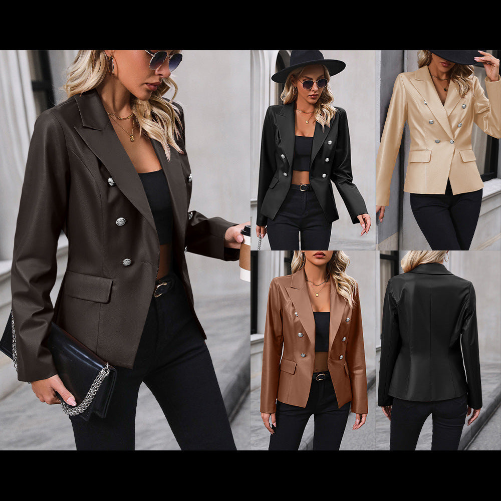 Women's Double-breasted Suit Jacket Motorcycle Leather Coat