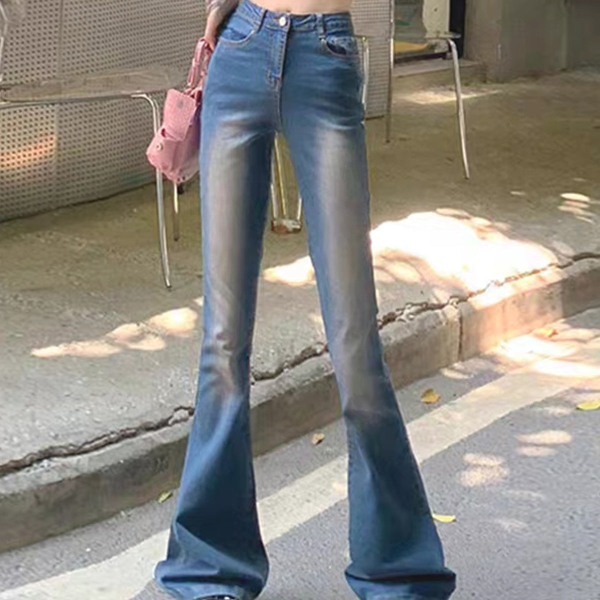 Women's Clothing Slightly Flared Jeans Black Rough Edges Horseshoe Pants
