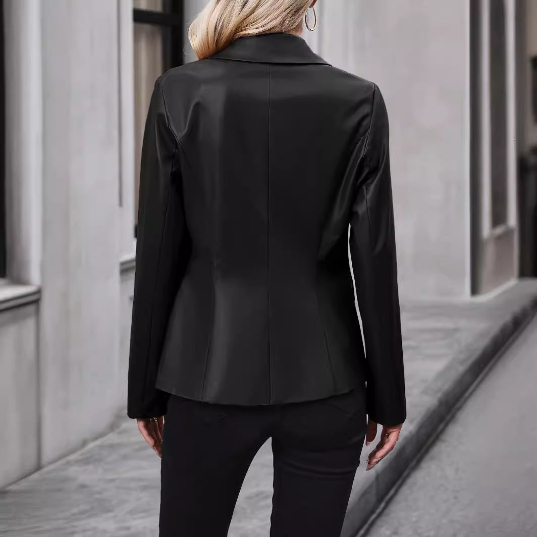 Women's Double-breasted Suit Jacket Motorcycle Leather Coat