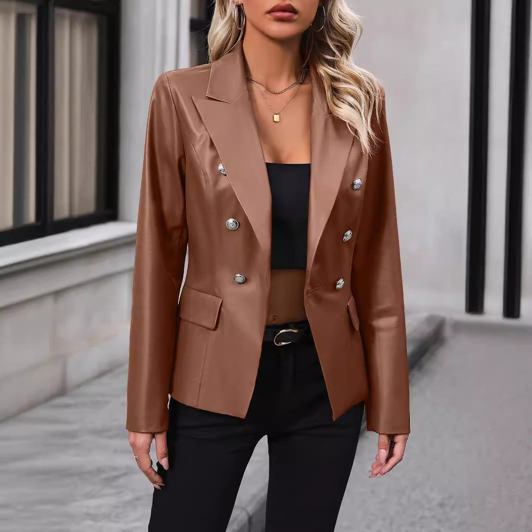 Women's Double-breasted Suit Jacket Motorcycle Leather Coat